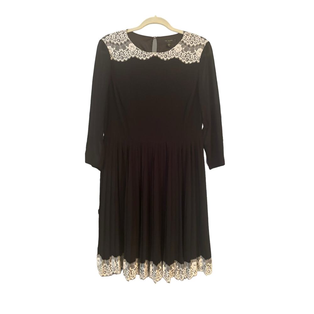 Ted Baker Olivhea Black Pleated Dress Lace Collar & Hem Long Sleeve Sz 4 Career